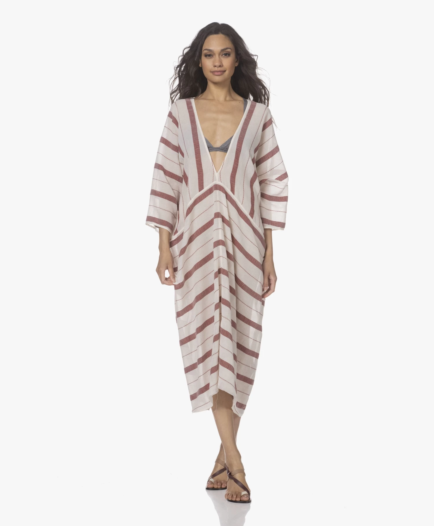 Su Paris Talia Voile Kaftan Met Jacquard Streepdessin - Burgundy 2 Su Paris Talia Voile Kaftan Met Jacquard Streepdessin - Burgundy - Afbeelding 2