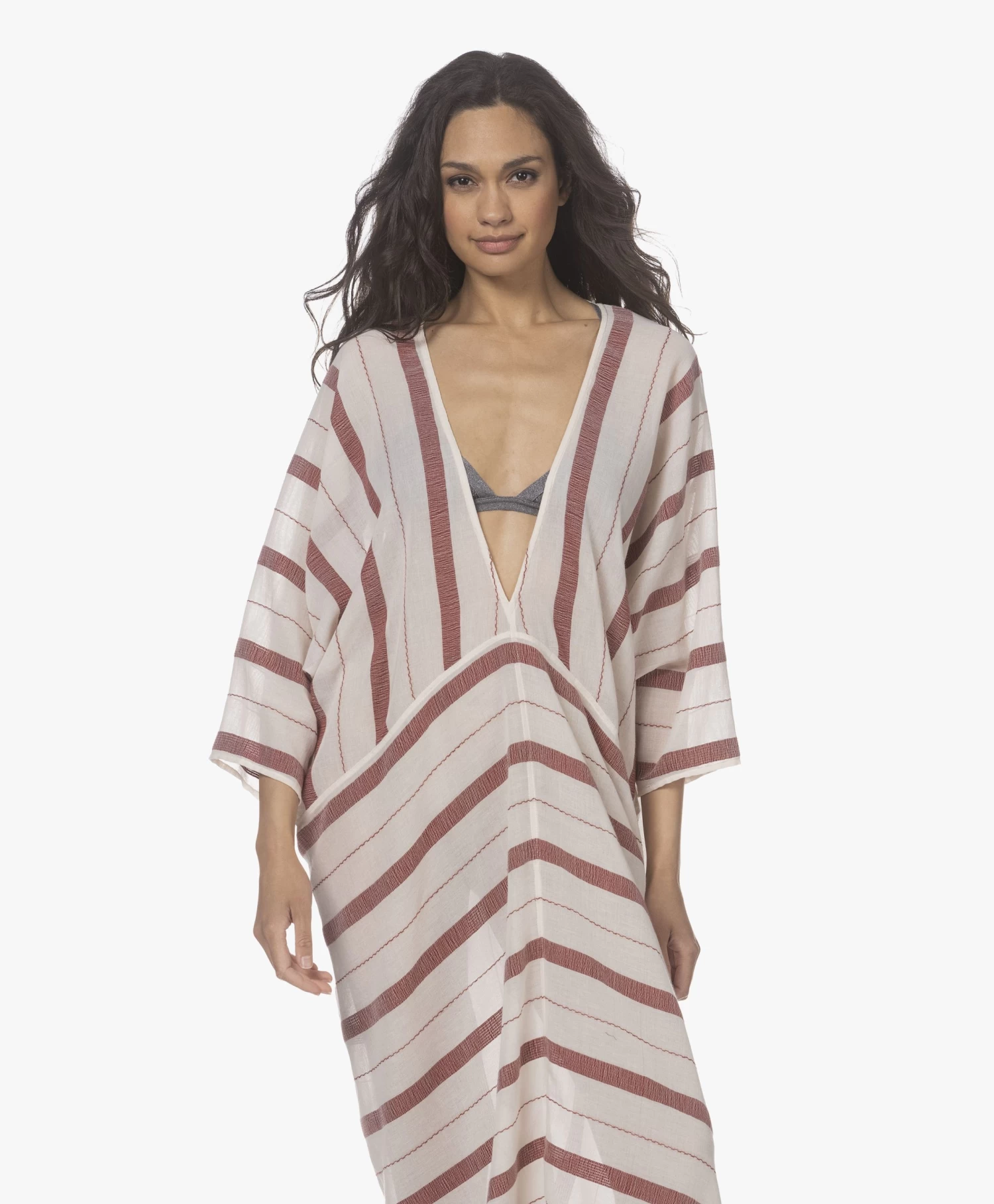 Su Paris Talia Voile Kaftan Met Jacquard Streepdessin - Burgundy 12 Su Paris Talia Voile Kaftan Met Jacquard Streepdessin - Burgundy - Afbeelding 12
