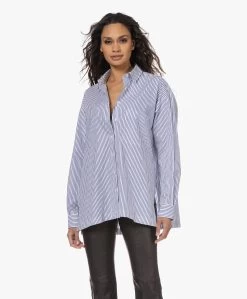 Closed Gestreept Bio Poplin Oversized Overhemd - Ivoor/Blauw