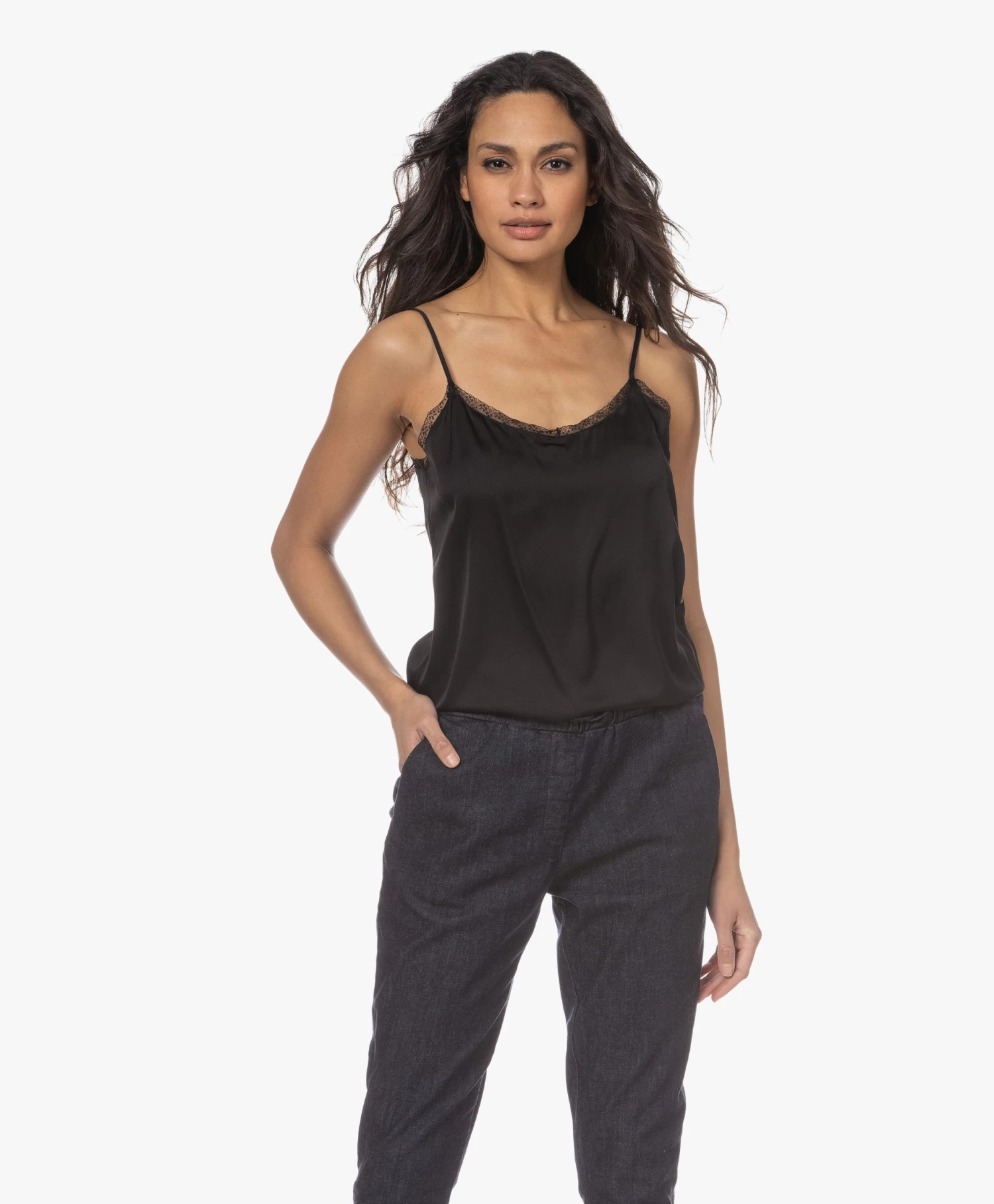 Repeat Zijden Top Met Kant - Zwart 8 Repeat Zijden Top Met Kant - Zwart - Afbeelding 8