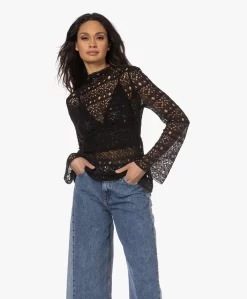 Róhe Macramé Opengebreide Trui Met Flared Mouwen - Zwart