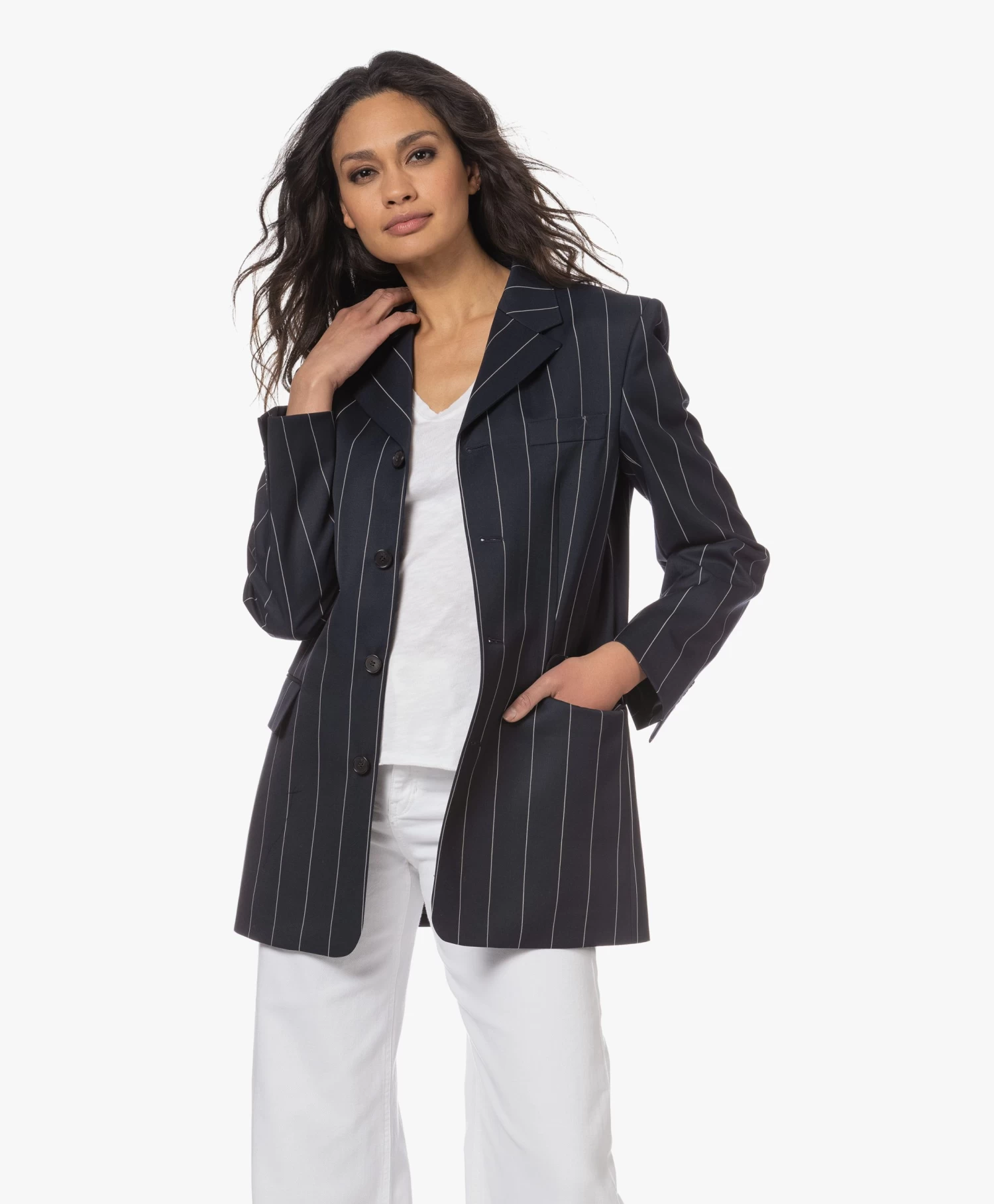 Filippa K Merinowollen Krijtstreep Blazer - Navy/Wit 11 Filippa K Merinowollen Krijtstreep Blazer - Navy/Wit - Afbeelding 11