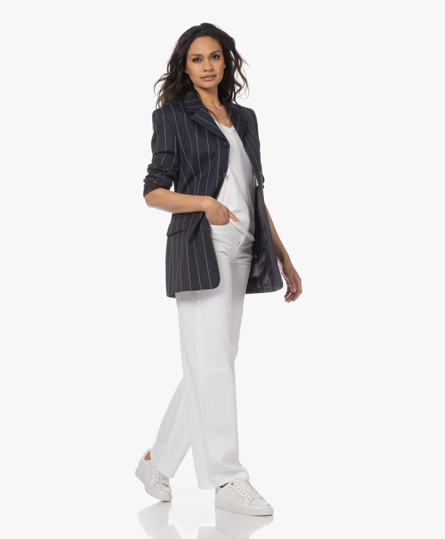 Filippa K Merinowollen Krijtstreep Blazer - Navy/Wit 5 Filippa K Merinowollen Krijtstreep Blazer - Navy/Wit - Afbeelding 5