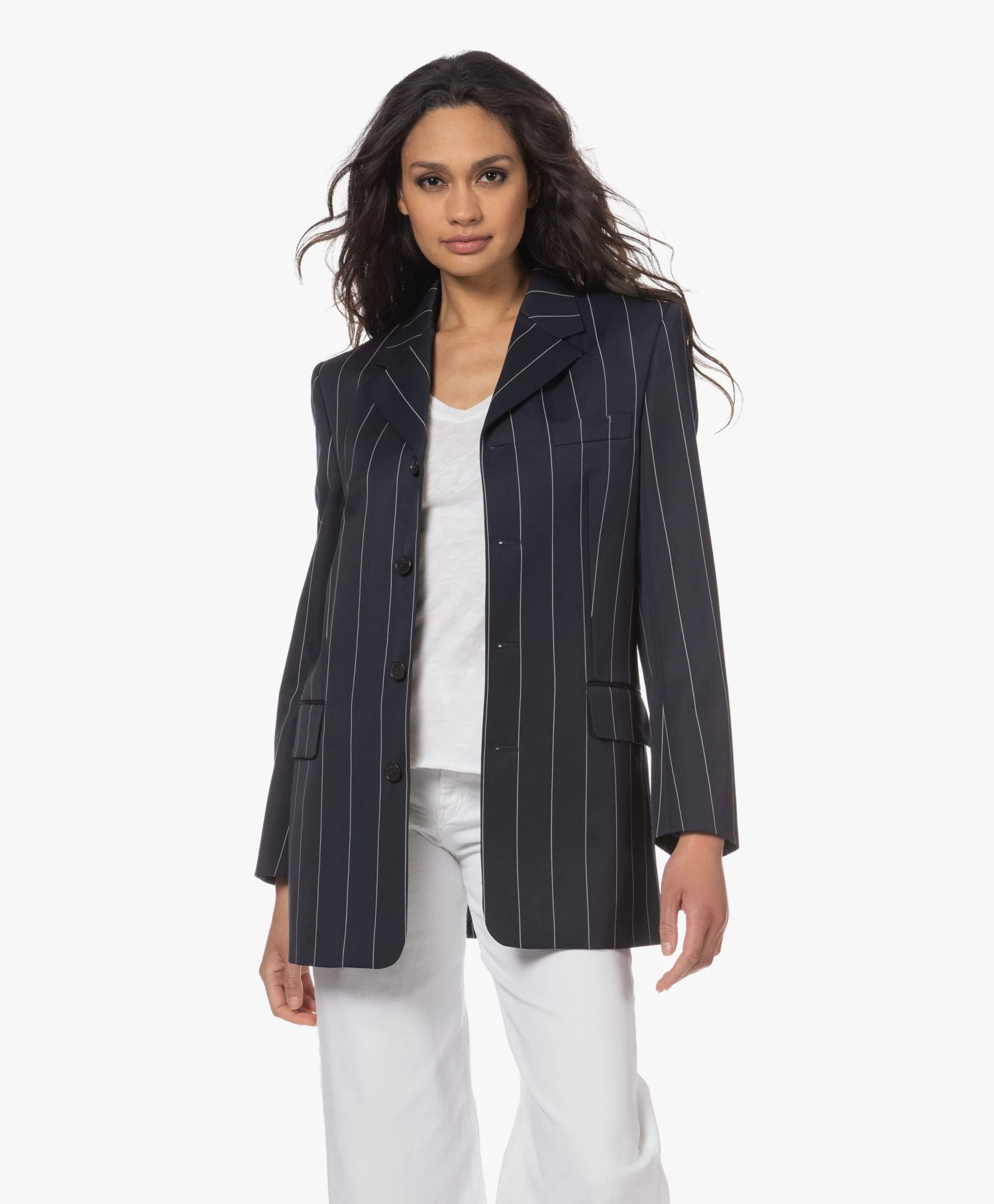 Filippa K Merinowollen Krijtstreep Blazer - Navy/Wit 8 Filippa K Merinowollen Krijtstreep Blazer - Navy/Wit - Afbeelding 8
