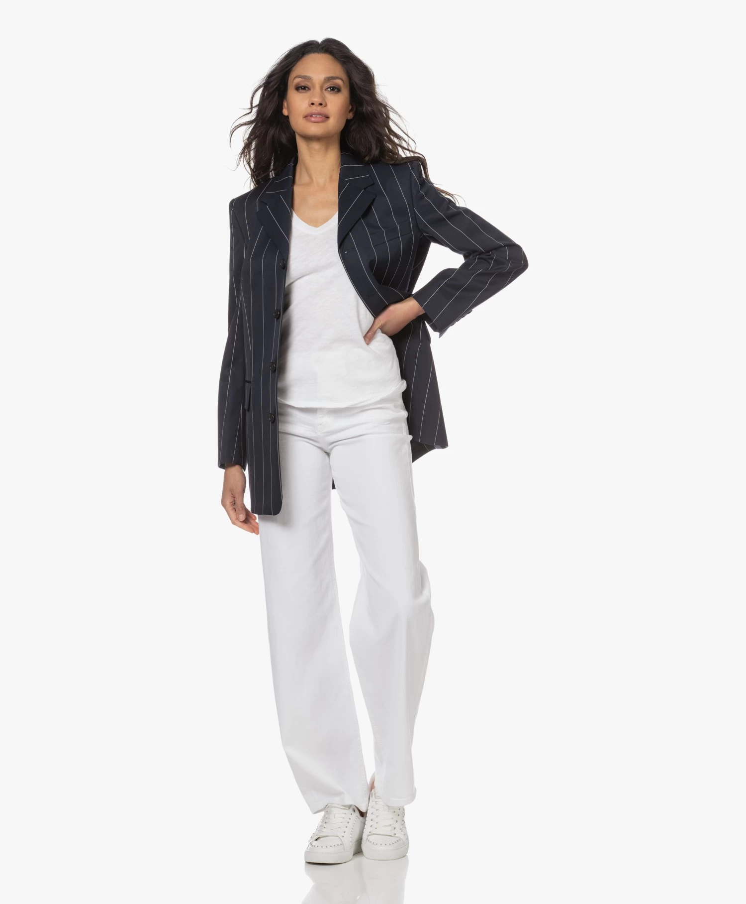 Filippa K Merinowollen Krijtstreep Blazer - Navy/Wit 6 Filippa K Merinowollen Krijtstreep Blazer - Navy/Wit - Afbeelding 6