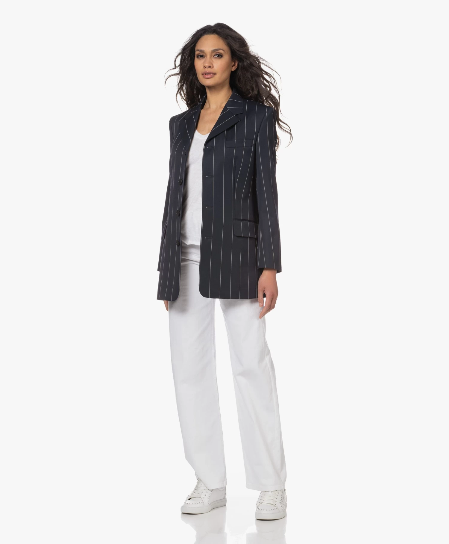 Filippa K Merinowollen Krijtstreep Blazer - Navy/Wit 10 Filippa K Merinowollen Krijtstreep Blazer - Navy/Wit - Afbeelding 10