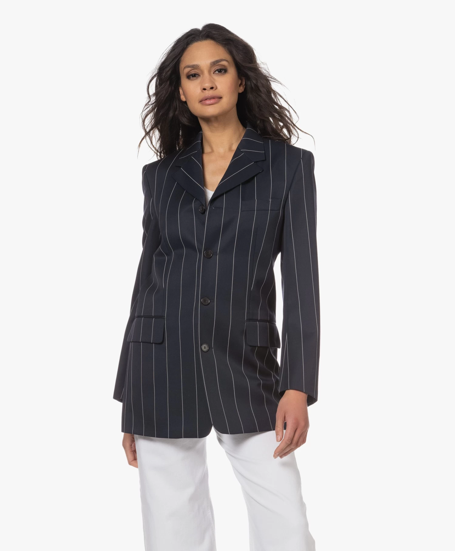 Filippa K Merinowollen Krijtstreep Blazer - Navy/Wit 3 Filippa K Merinowollen Krijtstreep Blazer - Navy/Wit - Afbeelding 3