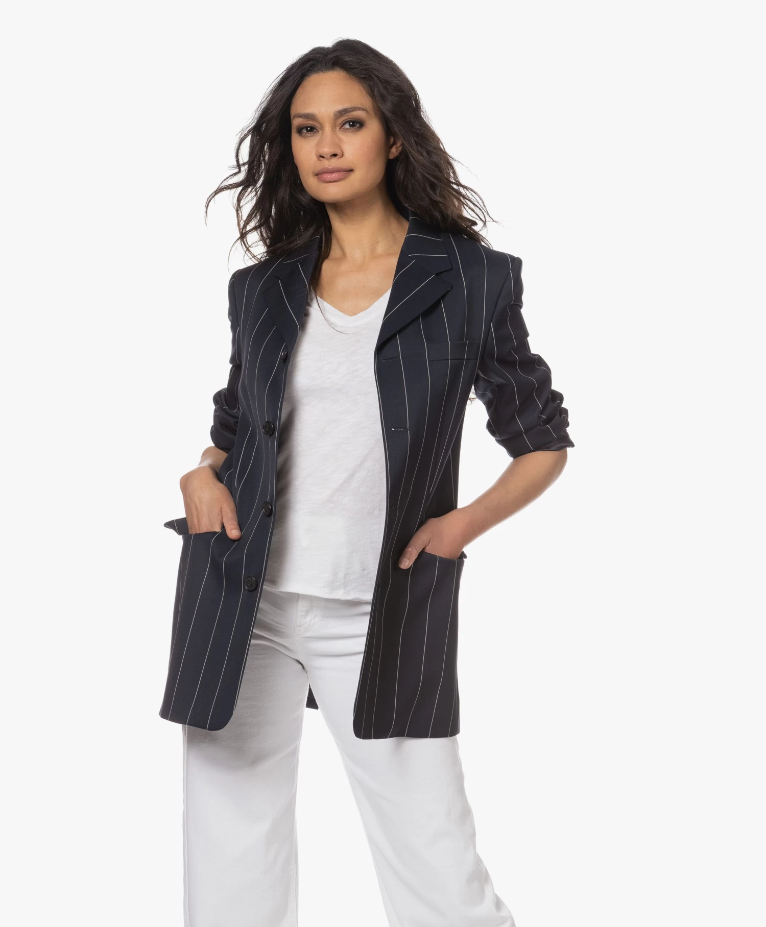 Filippa K Merinowollen Krijtstreep Blazer - Navy/Wit 12 Filippa K Merinowollen Krijtstreep Blazer - Navy/Wit - Afbeelding 12