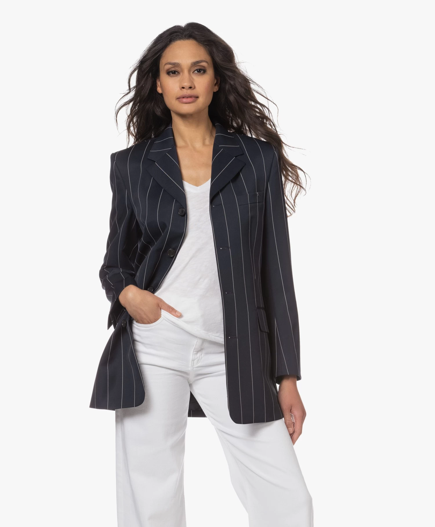 Filippa K Merinowollen Krijtstreep Blazer - Navy/Wit 1 Filippa K Merinowollen Krijtstreep Blazer - Navy/Wit