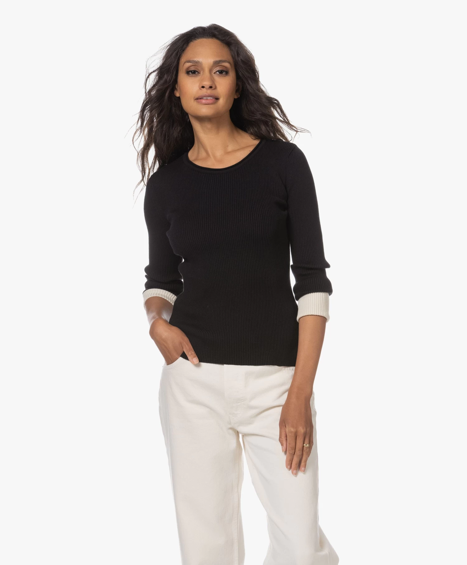 Woman By Earn Lory Cuffs Modalmix Rib Trui - Zwart Vari 8 Woman By Earn Lory Cuffs Modalmix Rib Trui - Zwart Vari - Afbeelding 8