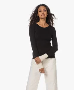 Woman By Earn Lory Cuffs Modalmix Rib Trui - Zwart Vari