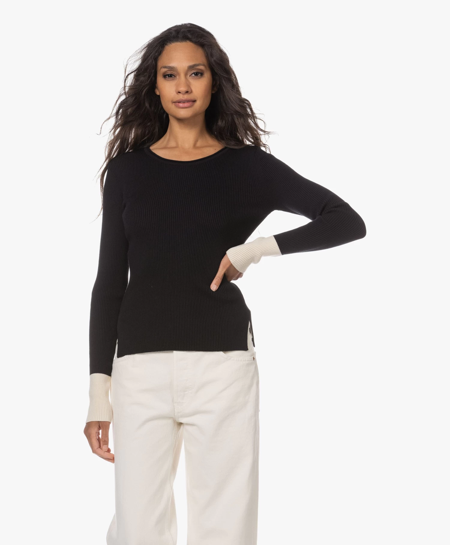 Woman By Earn Lory Cuffs Modalmix Rib Trui - Zwart Vari 11 Woman By Earn Lory Cuffs Modalmix Rib Trui - Zwart Vari - Afbeelding 11