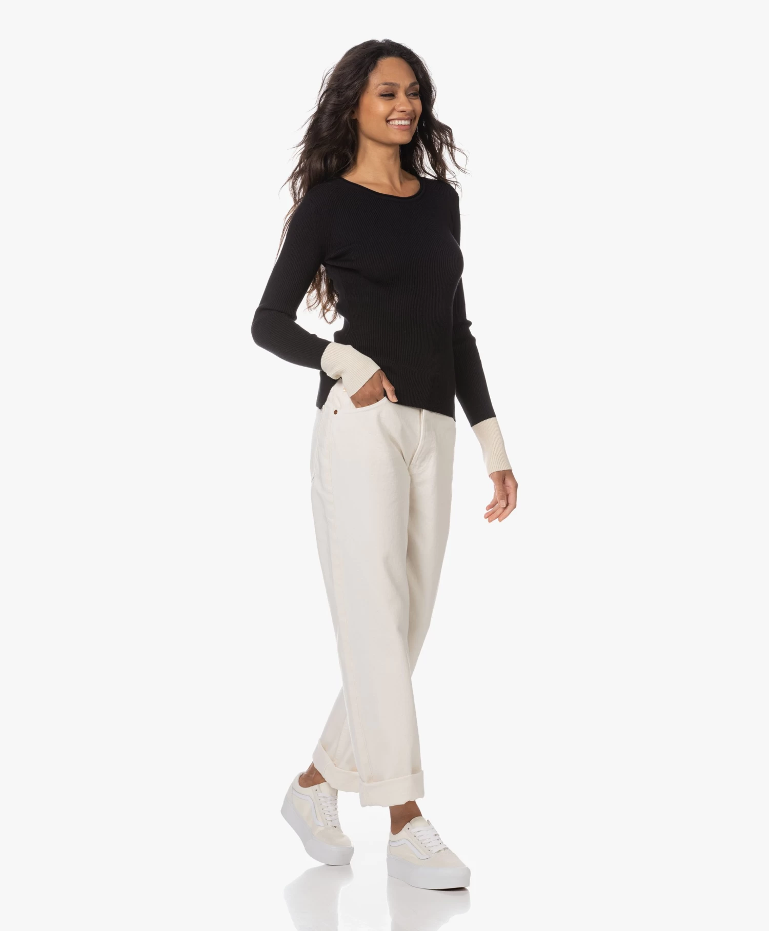 Woman By Earn Lory Cuffs Modalmix Rib Trui - Zwart Vari 6 Woman By Earn Lory Cuffs Modalmix Rib Trui - Zwart Vari - Afbeelding 6