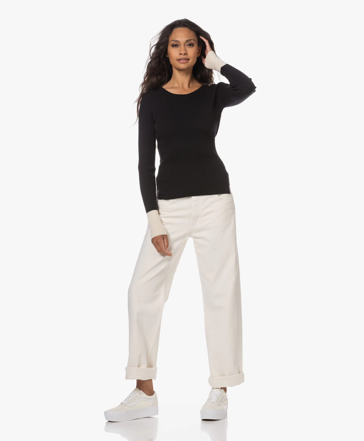 Woman By Earn Lory Cuffs Modalmix Rib Trui - Zwart Vari 9 Woman By Earn Lory Cuffs Modalmix Rib Trui - Zwart Vari - Afbeelding 9