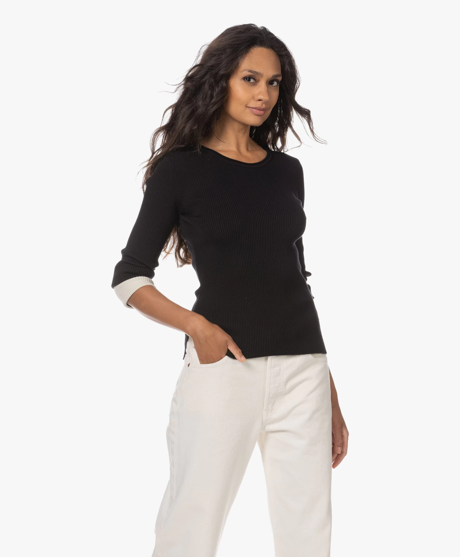 Woman By Earn Lory Cuffs Modalmix Rib Trui - Zwart Vari 12 Woman By Earn Lory Cuffs Modalmix Rib Trui - Zwart Vari - Afbeelding 12