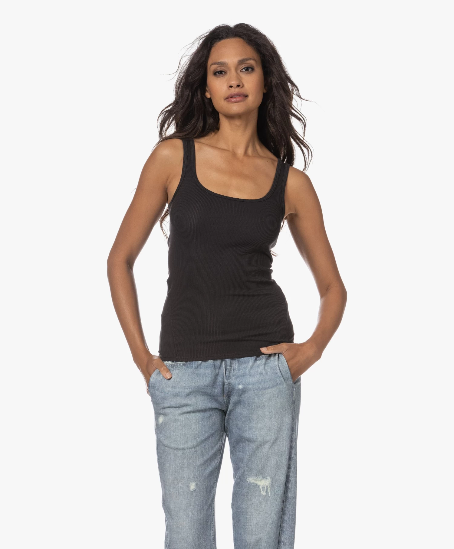Rag & Bone The Essential Rib Scoop Tanktop - Zwart 1 Rag & Bone The Essential Rib Scoop Tanktop - Zwart