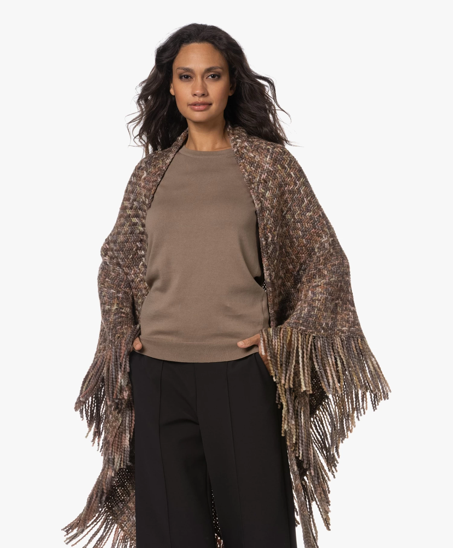 Manos Del Uruguay Merino Wolmix Poncho - Roze/Bruin/Grijs 11 Manos Del Uruguay Merino Wolmix Poncho - Roze/Bruin/Grijs - Afbeelding 11