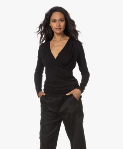 Lasalle Lyocell Jersey Overslag T-Shirt - Zwart