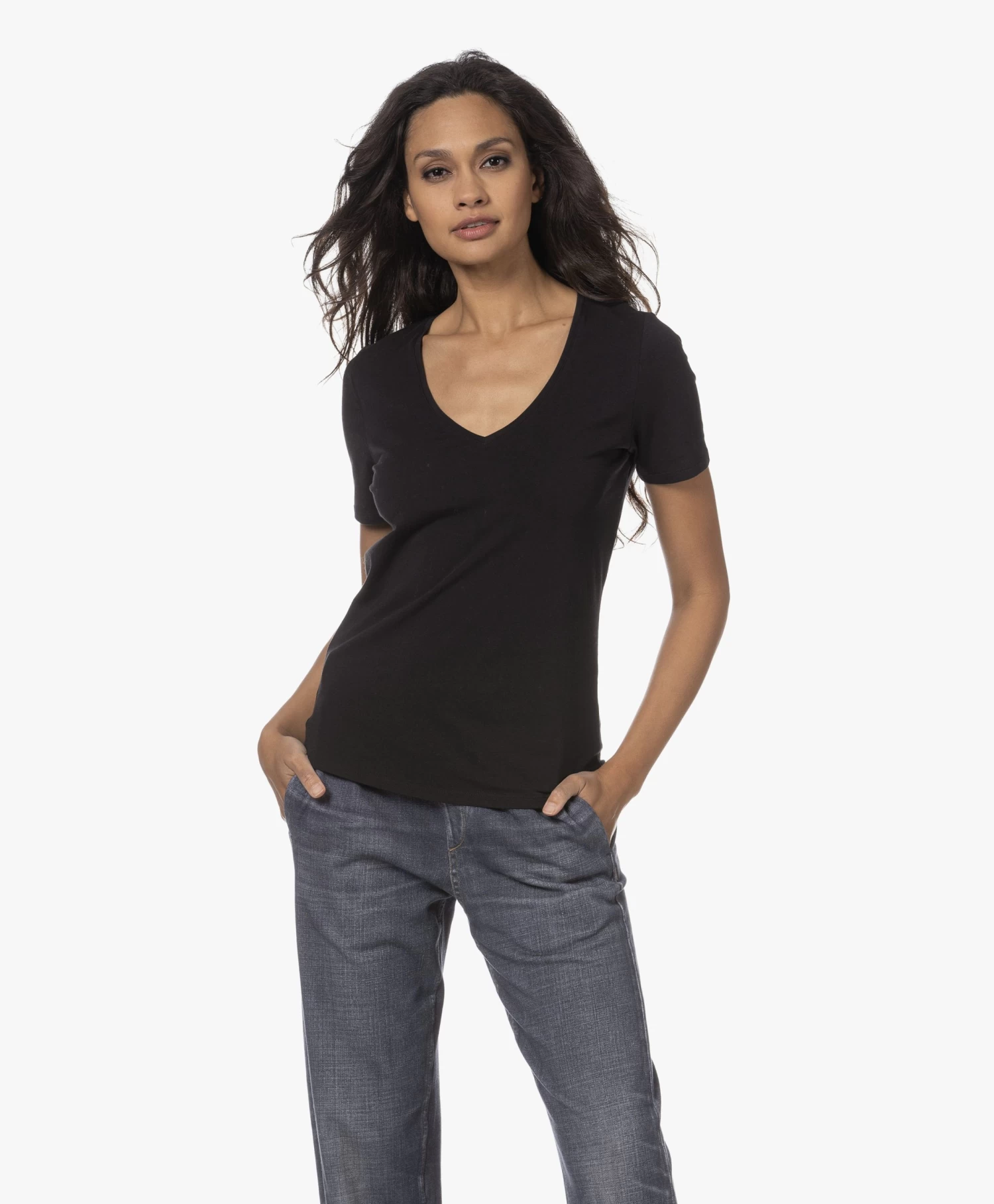 Repeat Stretch Katoenen V-Hals T-Shirt - Zwart 1 Repeat Stretch Katoenen V-Hals T-Shirt - Zwart